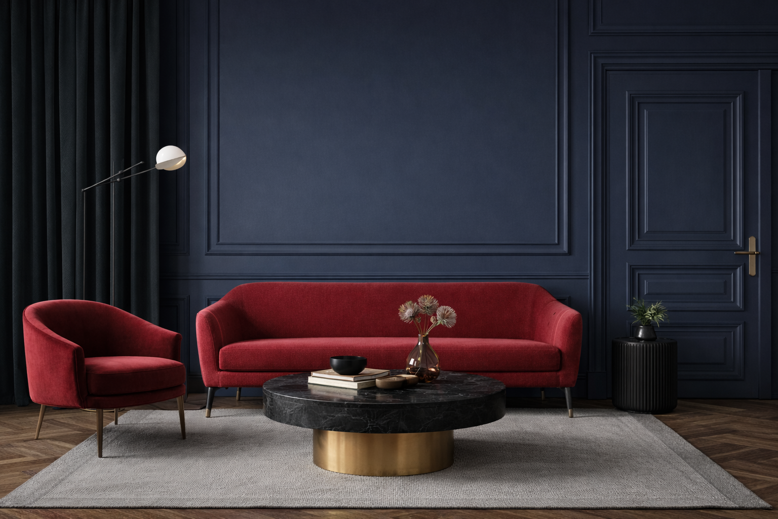 Sophisticated sitting room styling with deep blue walls