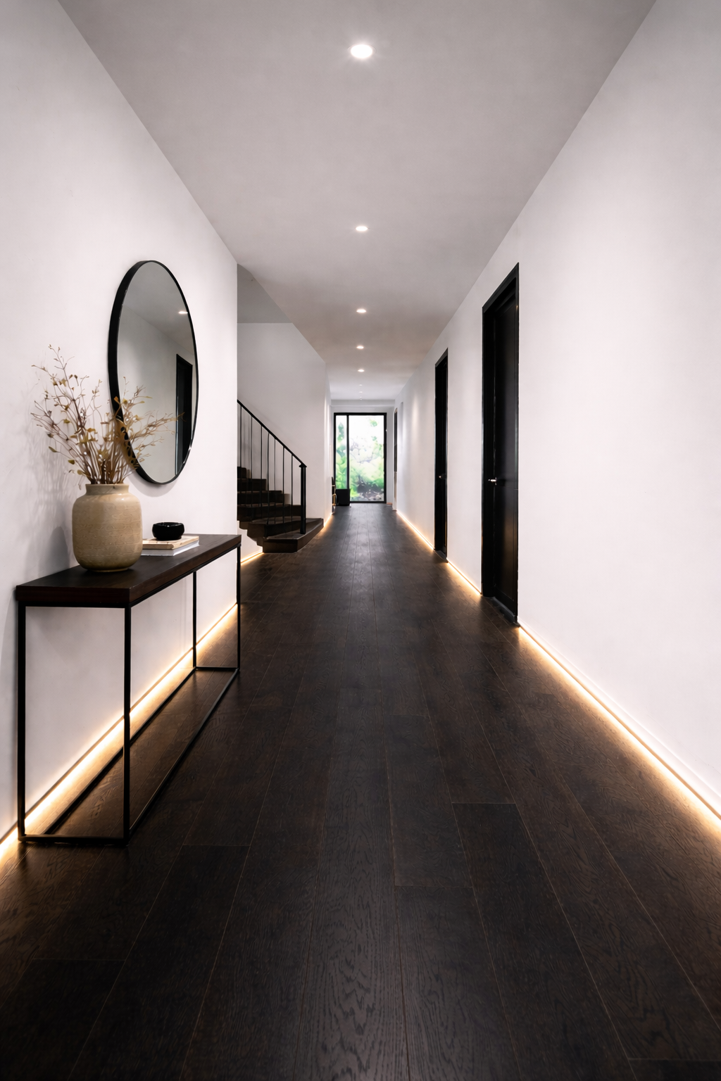 Contemporary hallway with dark flooring and feature lighting
