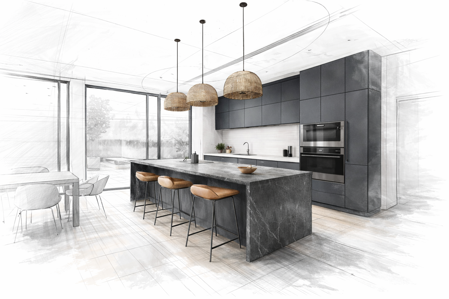 Luxury kitchen sketch concept with dark island and cabinetry